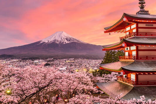 Japanese pagoda, cherry blossoms, and Mount Fuji