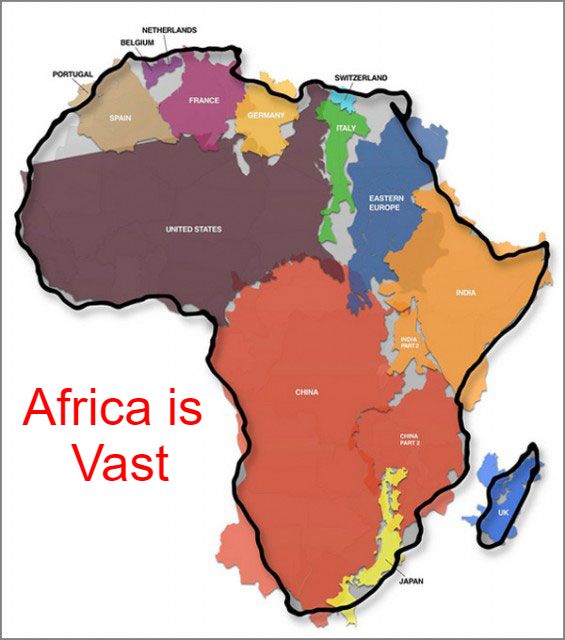 Map of Africa showing size of Africa compared to other countries.