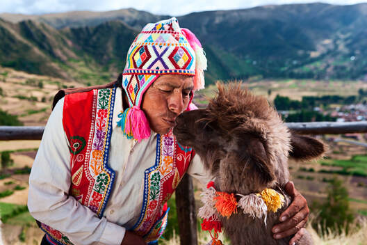 Man in native costume with llama, Peru
