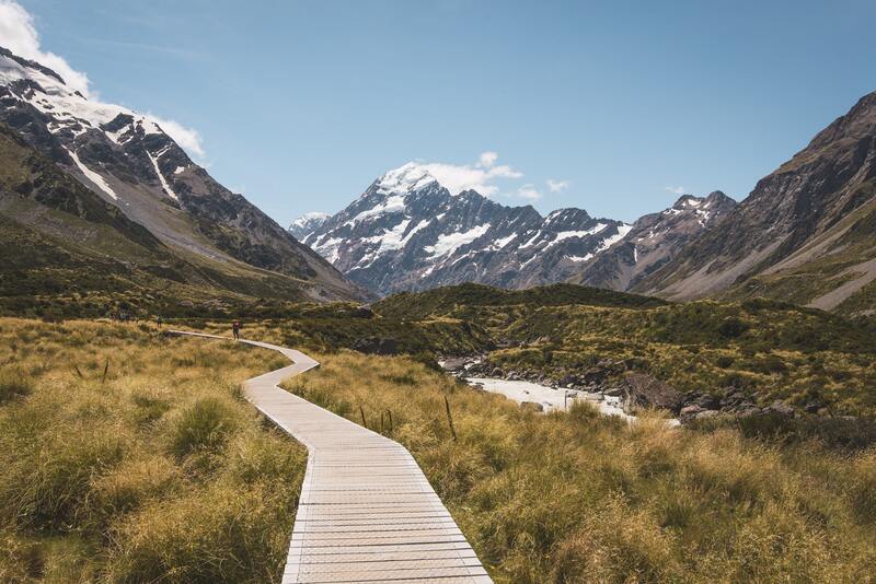 New Zealand, view of walking trail stretching through mountains